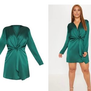 Emerald Green Satin Long Sleeve Wrap Dress